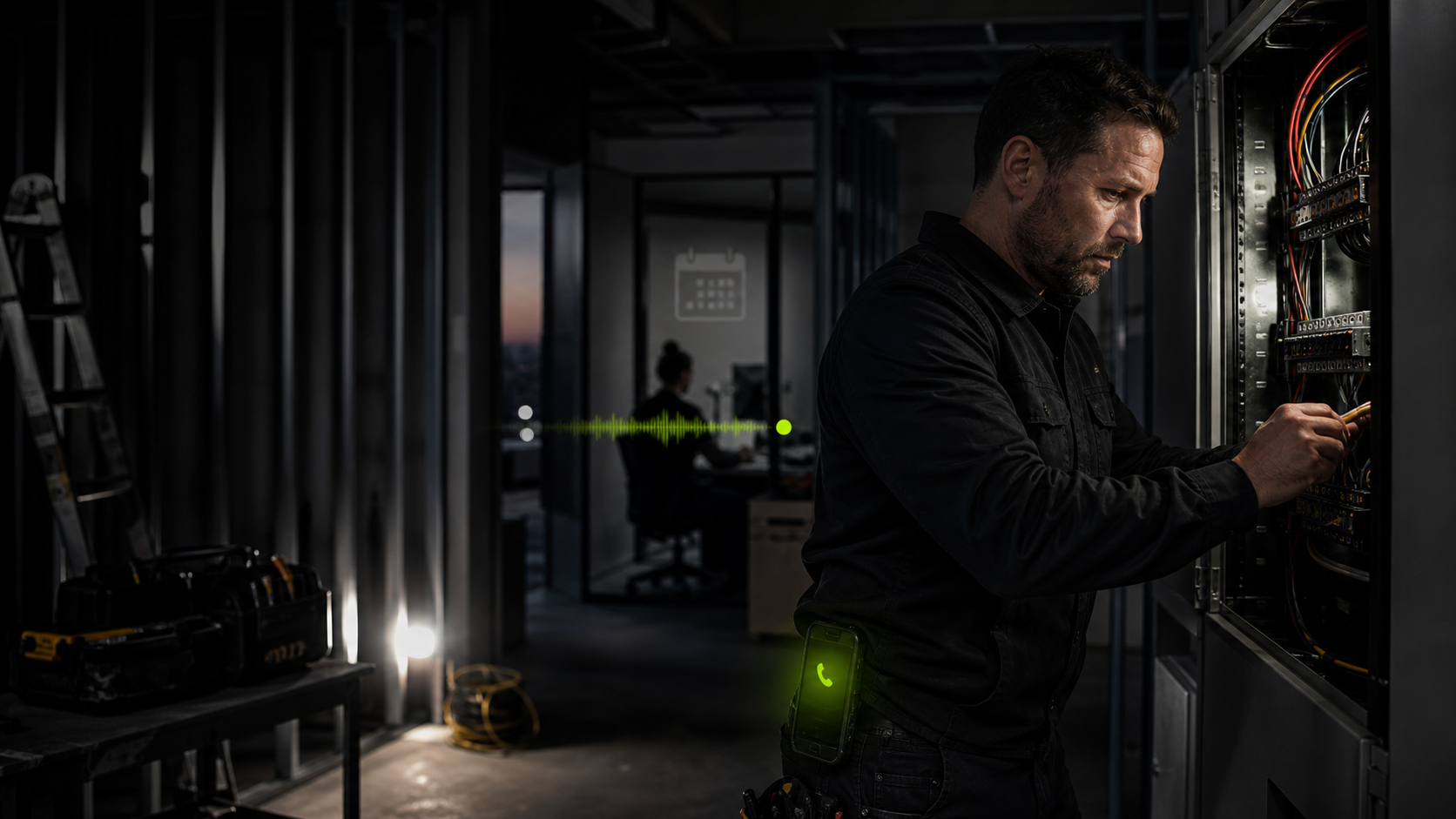 An electrician working at a switchboard at night while his phone answers a call, a voice waveform connecting it to a booked calendar in the office behind him