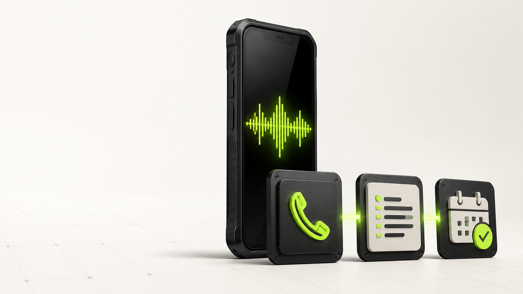 A rugged phone answering a call with a voice waveform, connected to captured job details and a booked calendar