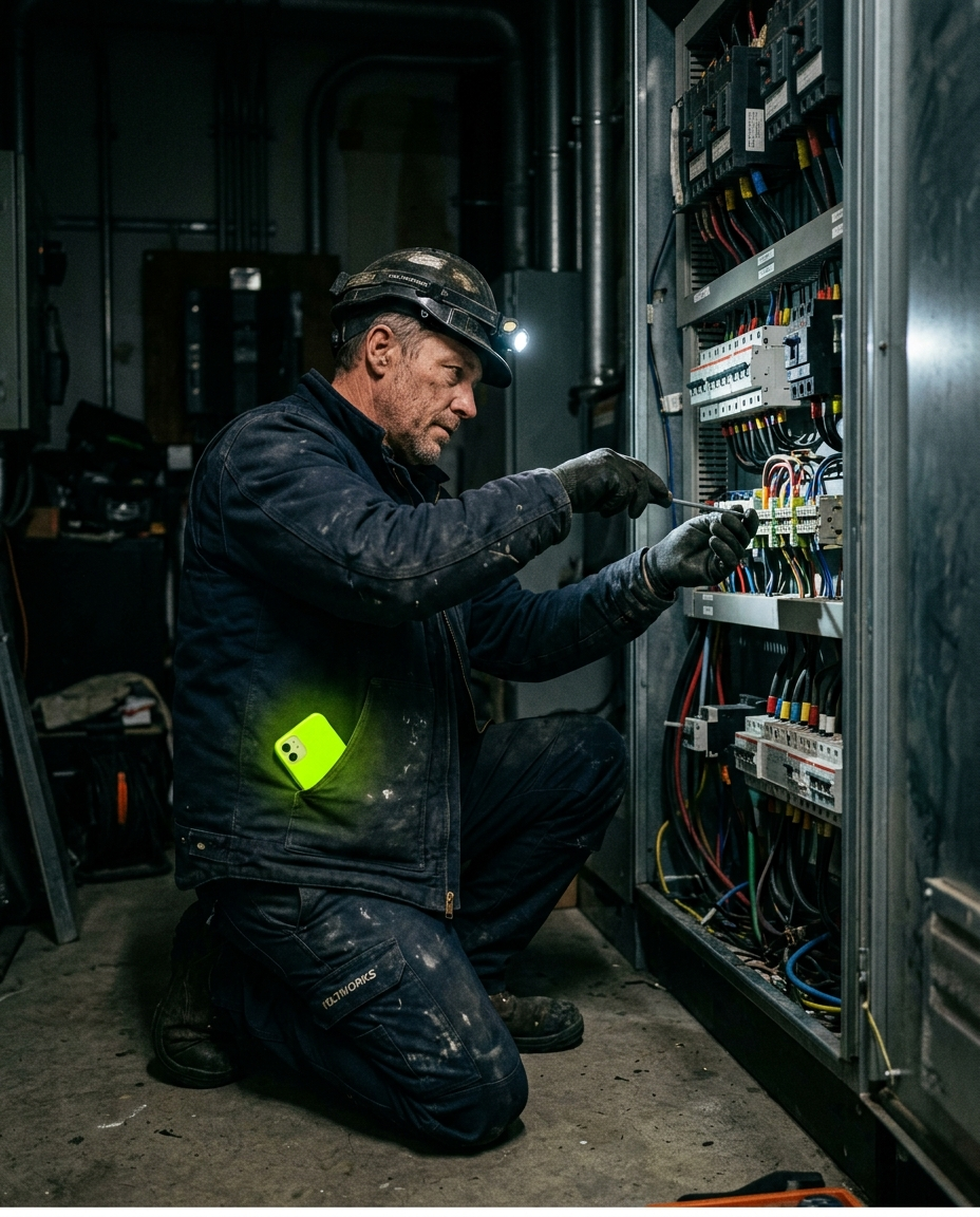 An electrician working at a switchboard while the volt phone in his pocket takes the call